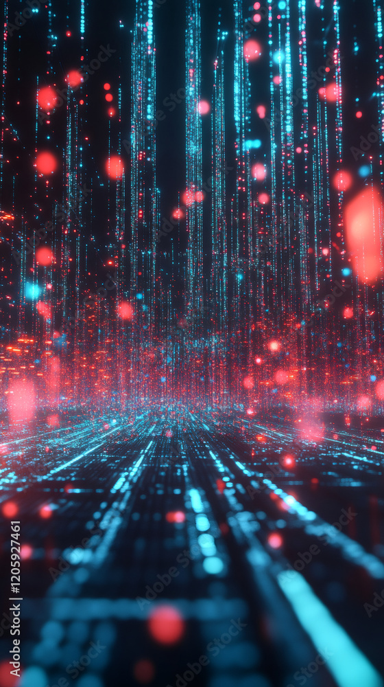 Poster Digital particles cascading through binary matrix, generating dynamic cyber visualization