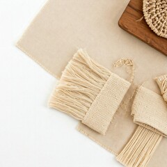 Fototapeta premium Natural Fiber Textiles on Wooden Surface with Cozy Aesthetic Elements