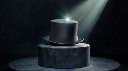 Elegant black top hat illuminated by dramatic spotlight on a dark background for theatrical and vintage themes