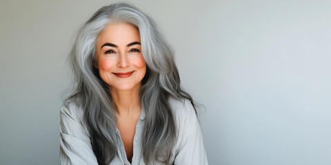 Fototapeta premium Portrait of a senior woman with long silver hair and a warm smile, wearing a light blouse, radiating elegance and confidence against a soft neutral background with ample copyspace