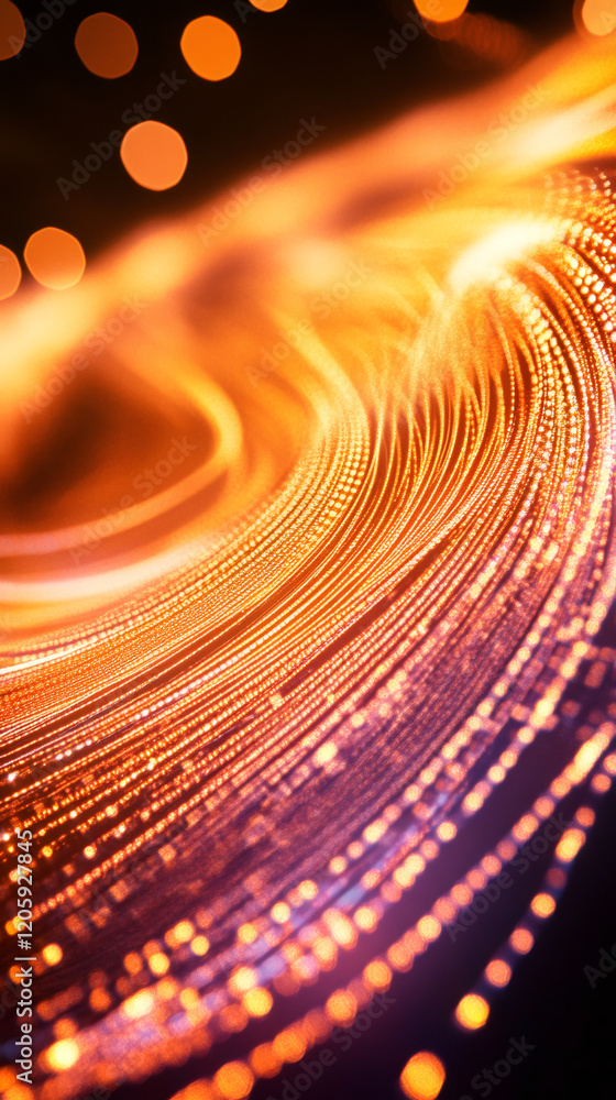 Poster Golden swirling lines of light creating an abstract vortex with bokeh effect, suitable for technology and communication concepts