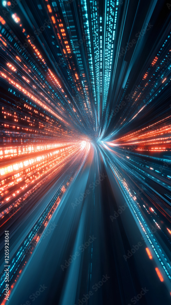 Aufkleber Fast-moving binary code creates a tunnel effect, symbolizing rapid data transmission and technological advancement