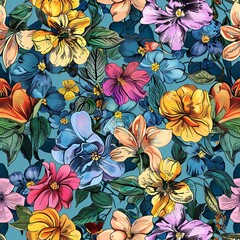 Vibrant Floral Seamless Pattern Colorful Flowers Botanical Design Artistic Illustration Teal Background Summer Bloom Pretty Nature Vintage Style      