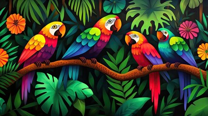 Vibrant Macaws Perched on a Branch Amidst Lush Tropical Foliage