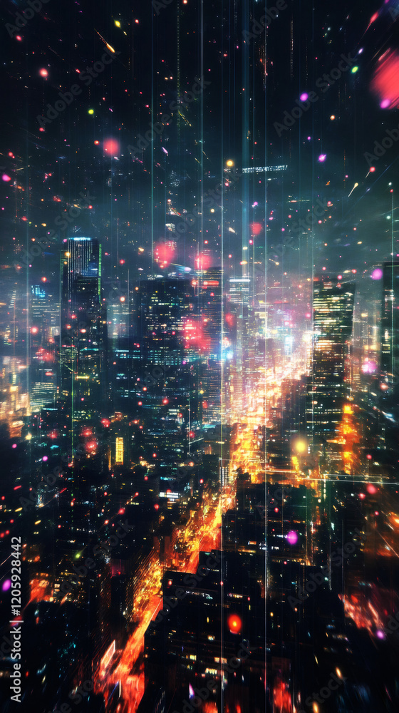 Leinwandbilder data streams flowing over a futuristic cityscape at night, creating a vibrant display of technology 