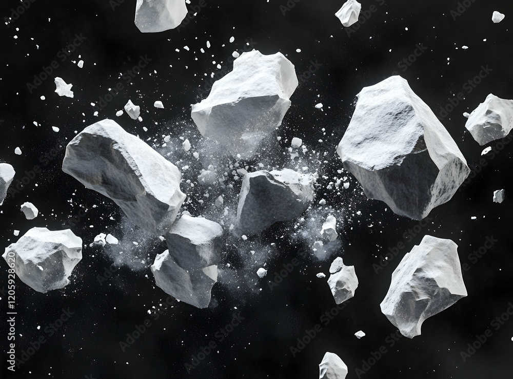 Aufkleber 3d white floating rocks exploding on a black background