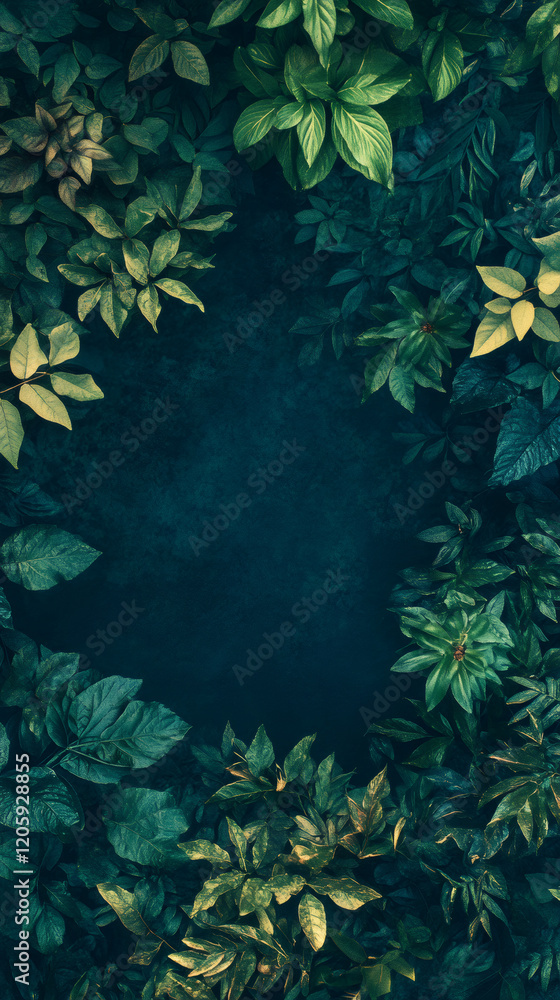 Poster vibrant green leaves form a beautiful border around a dark, textured background, creating a natural 