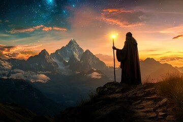 Obraz premium Majestic Figure in Cloak Holding Torch Against Dramatic Mountain Landscape at Sunset with Stars Above