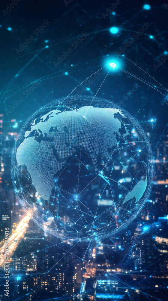 Leinwandbilder futuristic global network connecting a world map with lines and dots over an illuminated cityscape a