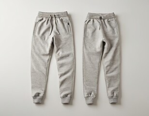A pair of grey sweatpants on a neutral background, showcasing a relaxed and comfy style.
