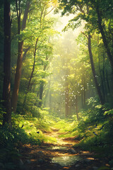 Fototapeta premium Mystical Forest Sanctuary: A Serene Woodland Scene Showcasing Tranquility and the Beauty of Nature's Wonders