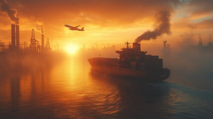 Obraz premium A cargo ship navigates a river at sunset, with an airplane flying overhead and industrial buildings in view.
