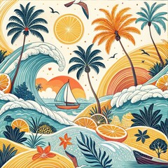 Vibrant Tropical Sunset Beach Scene with Palm Trees Ocean Waves and Citrus Fruits