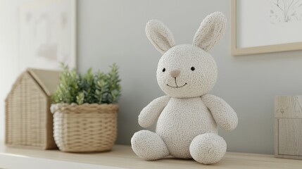 Fototapeta premium A Soft White Bunny Toy Sits On A Shelf