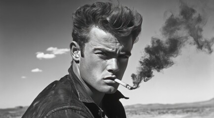 Black and white portrait of a young man smoking a cigarette.