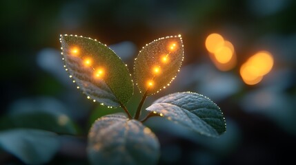Illuminated Dewdrops Adorn Young Plant Leaves
