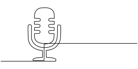 A line of podcast and music microphones. Vintage old microphone in simple linear style for banner music, news, webinar, online training. Doodle vector illustration, Continuous one single line drawing.