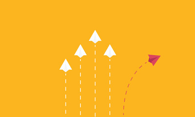 Minimalist stile red airplane changing direction and white ones. New idea, change, trend, courage, creative solution, innovation and unique way concept.