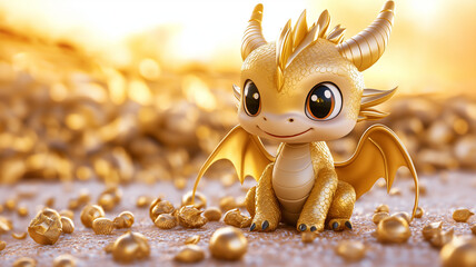 cute golden dragon with large eyes sits among shiny treasures, exuding charm and playfulness. Its golden scales and small wings create whimsical atmosphere