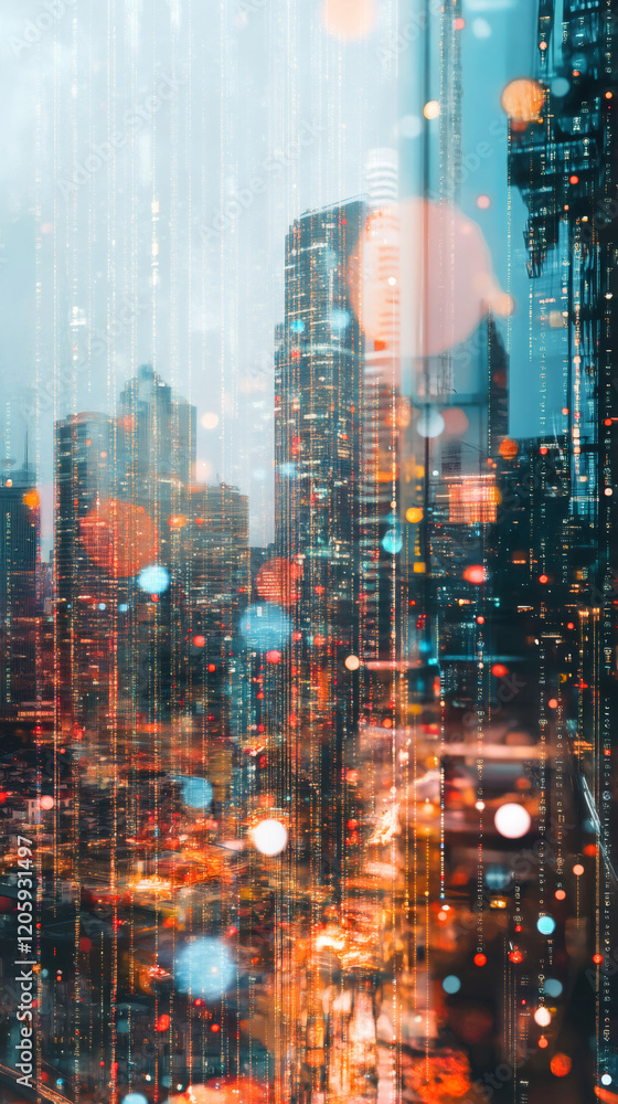 Poster skyscrapers and city lights blending with digital code streams, symbolizing the transformation into 
