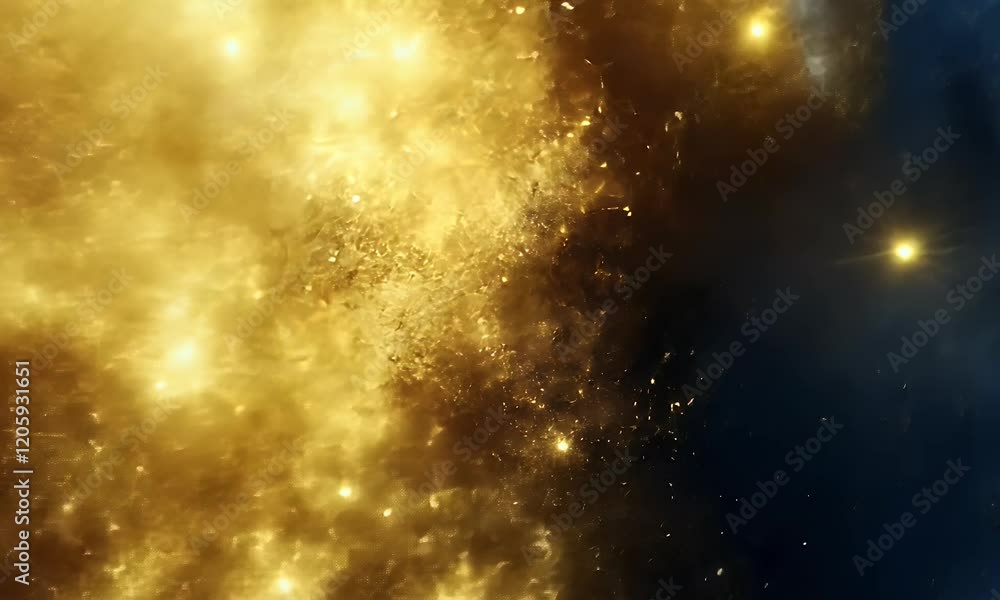 Wall mural cosmic abstract background with golden and blue hues, depicting a swirling galaxy filled with sparkl