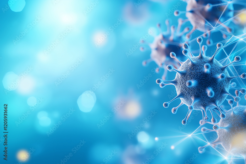 Poster microscopic view of virus with blue background, showcasing intricate details and structures. image c