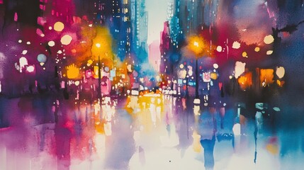 Obraz premium Vibrant Cityscape at Night with Colorful Lights and Reflection