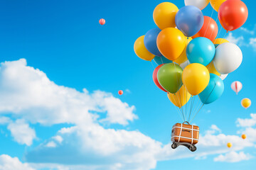 Naklejka premium Colorful Bunch of Balloons lifting Suitcase into a bright blue sky with fluffy clouds. Copy space. Travelling concept 