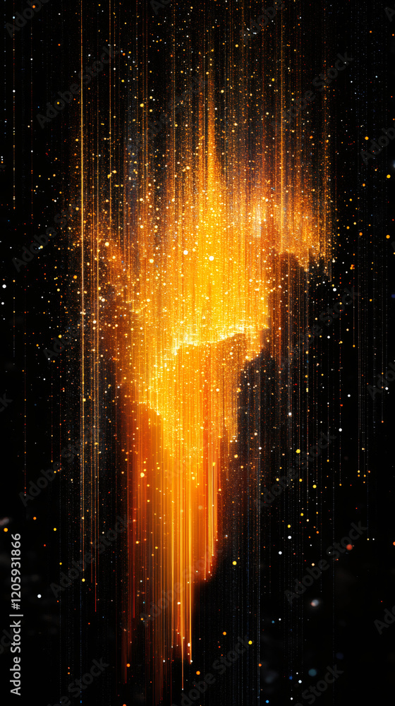 Poster Shimmering golden light trails cascading against dark backdrop, sparkling particles generating luminous, dynamic visual effect