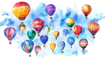 Obraz premium Colorful Hot Air Balloons Floating Above a Watercolor Sky