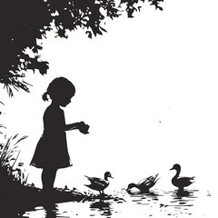 Obraz premium Little girl is feeding ducks in a pond