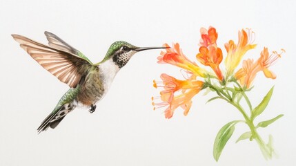 Obraz premium Colorful Hummingbird Approaching Vibrant Floral Blooms in Nature