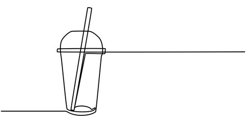 Fast food, drink. Continuous single drawn one line glass with straw drawn by hand picture silhouette. Line art, Continuous one line drawing of drinking in paper or plastic cups with lids and straws. 