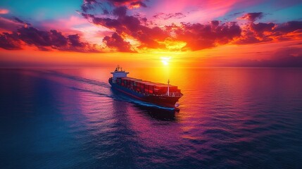Fototapeta premium A cargo ship sails into a vibrant sunset over calm waters, showcasing nature's beauty.