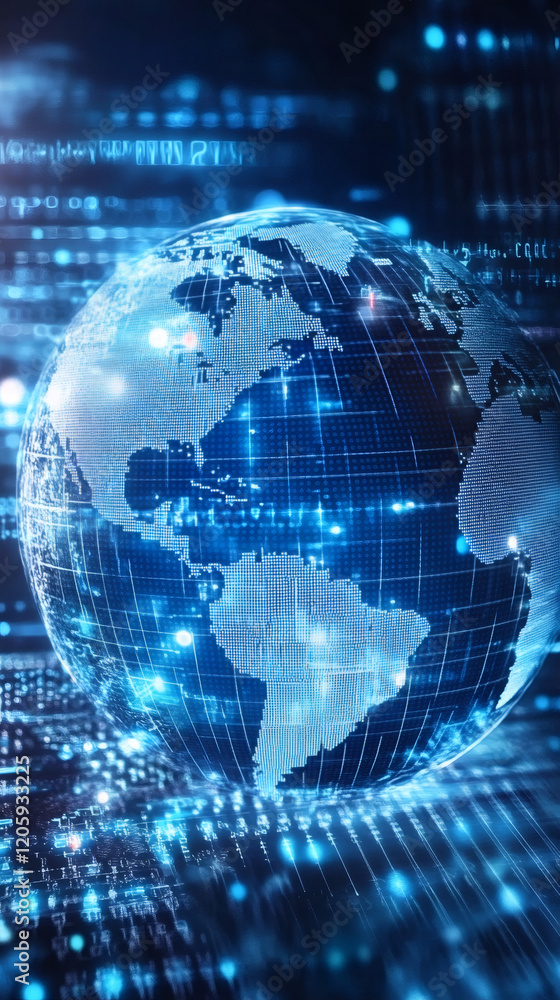 Aufkleber Digital planet spinning amid binary streams, symbolizing worldwide interconnected technological communication network