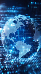 Digital planet spinning amid binary streams, symbolizing worldwide interconnected technological communication network