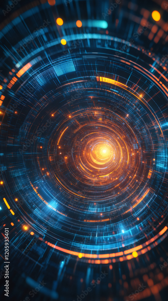 Poster circular technological tunnel rotating with orange and blue lights, futuristic technology concept