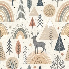 Seamless Pattern Deer Rainbow Mountain Forest Nature Scandinavian Style Kids Nursery Design Textile