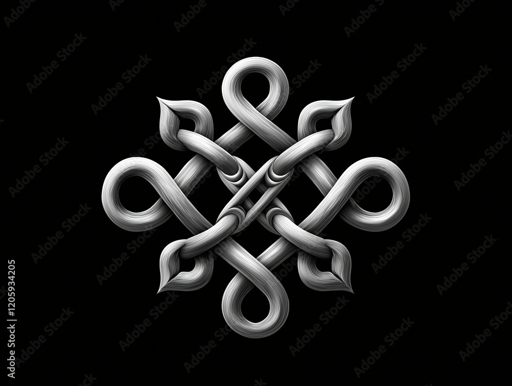 Poster intricate symmetrical design featuring flowing lines and loops in shades of gray on black background