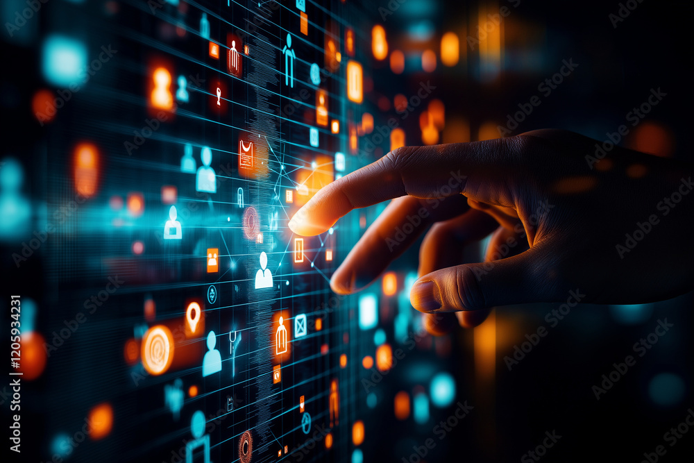 Poster hand reaching out to touch glowing social network icons on digital interface, symbolizing connection