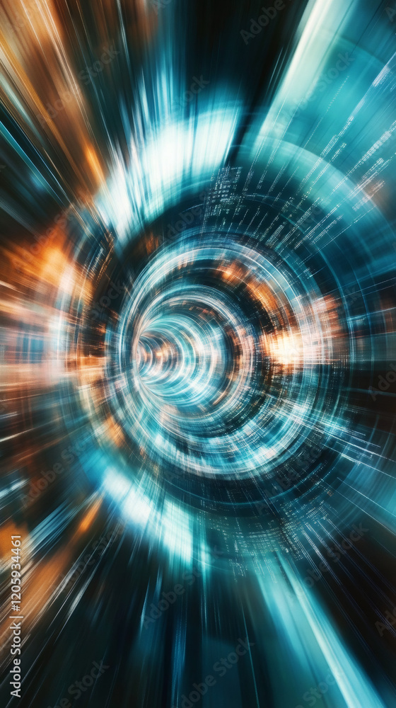 Poster abstract futuristic background showing data stream flowing through cyberspace tunnel at high speed, 