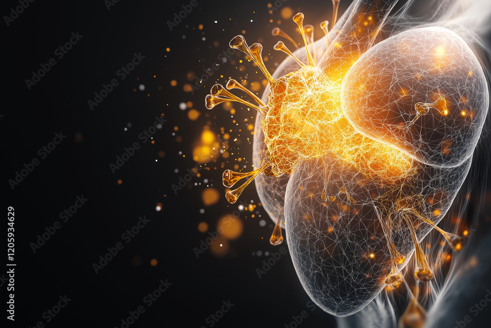 Poster hyper realistic depiction of glowing cells with intricate details, showcasing vibrant colors and dyn