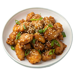 a plate of crispy honey sesame chicken on transparent background
