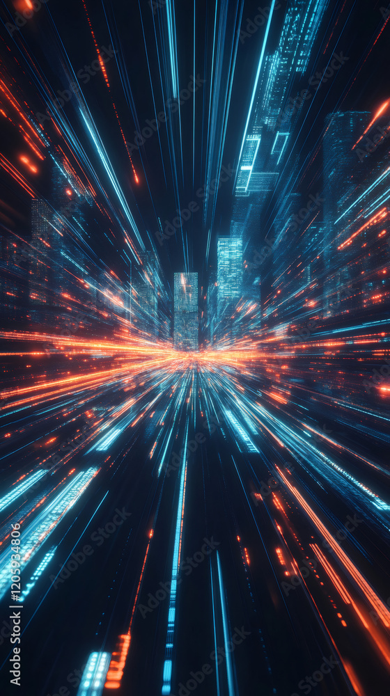 Poster Light trails and binary code creating sense of speed in futuristic cityscape, perfect for technology and innovation concepts