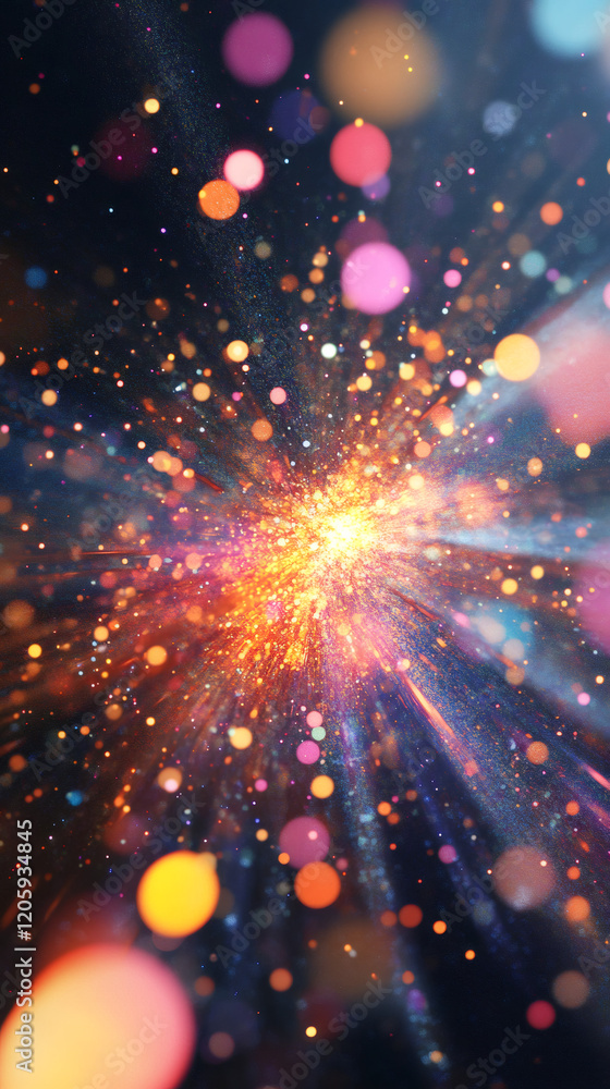Poster Vibrant bokeh explosion radiating multicolored lights from central point, generating dynamic festive visual effect