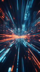 Fototapeta premium Light trails and binary code creating sense of speed in futuristic cityscape, perfect for technology and innovation concepts