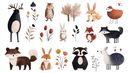 Whimsical Forest Critters: Delightful Vector Clipart Set for Kids with Bear, Moose, Raccoon, Bunny, Fox, and Owl