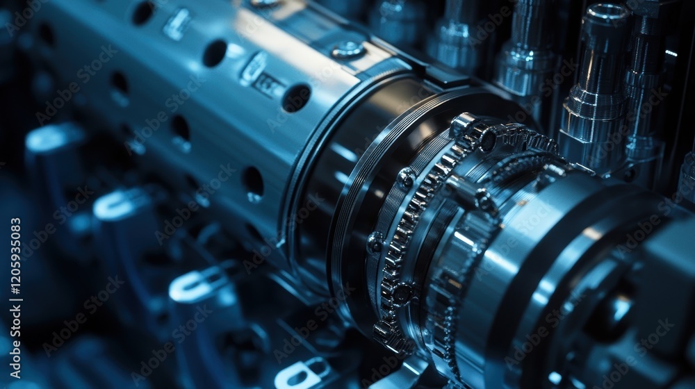 Poster complex machinery with metallic rollers, gears, and chains operating in sync, showcasing precision e