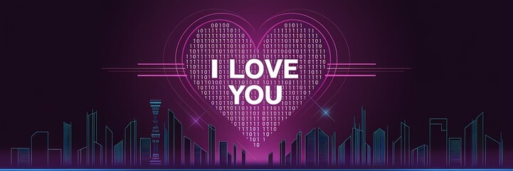 A creative minimalist Valentines Day poster design with a futuristic theme. There is a large heart made of binary code with the text "I love you" written in binary code inside it. 
