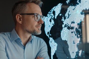 Thoughtful businessman observing digital world map display with glowing data patterns in modern office setting